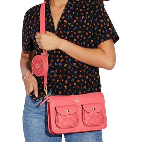 Coach Pennie Crossbody with Coin Case & Signature Canvas Detail Pink Lem… - Picture 3 of 8